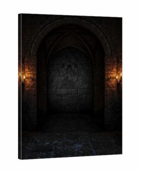 Dark and mysterious castle interior with arched doorway and candlelit sconces, moody ambiance