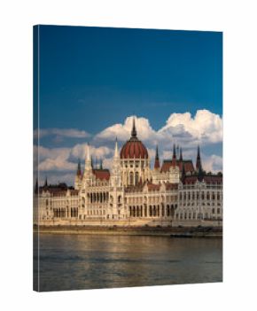 Hungarian Parliament Building on Danube River in Budapest. Budapest Parliament with reflection in water. Iconic Hungarian landmark. Budapest cityscape with Parliament.