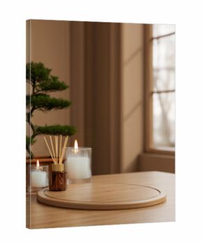 Wooden board tray with diffuser and aroma scented candle glass with bonsai tree at table in spa room