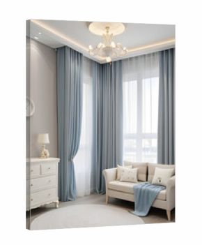 blue curtains in modern living room, living room interior
