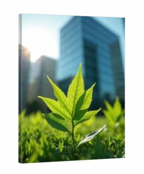 Young green plant grows in city. Business buildings background. Demonstrates eco responsibility. Modern tech cooperate with green bio friendly initiatives, sustainability, nature care, climate
