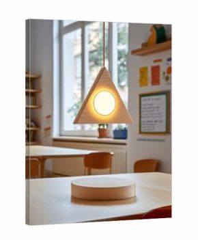 Wood triangle lamp hangs over wooden table in room, light and window in the background