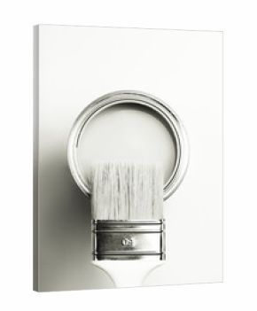 Paintbrush resting on an open white paint can, presenting a high key, monochrome minimalist composition. Color of 2026 year dancer in the white cloud