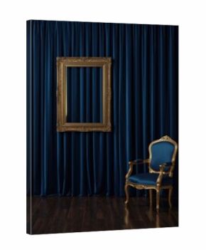 Luxurious blue velvet room with ornate gold frame and antique armchair