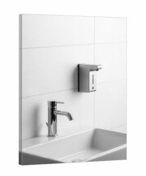 Modern stainless steel automatic soap dispenser installed above a clean ceramic washbasin with a chrome faucet