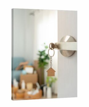 Moving house, relocation. The key was inserted into the door of the new house, inside the room was a cardboard box containing personal belongings and furniture. move in the apartment or condominium