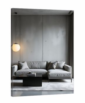 sleek shot minimalist living room features designer grey sofa textured concrete grunge wall illuminated