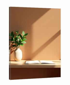 serene workspace setting features sleek wooden desk minimalist bookshelf single stylish vase lush greenery warm