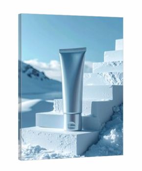 Silver Cream Tube on Snow Covered Geometric Steps With Mountain Landscape Background