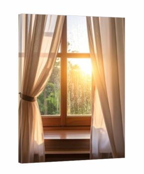 Sunny morning view through wooden window with draped curtains