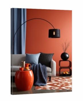 Modern living room with burnt orange wall, grey sofa and blue accents