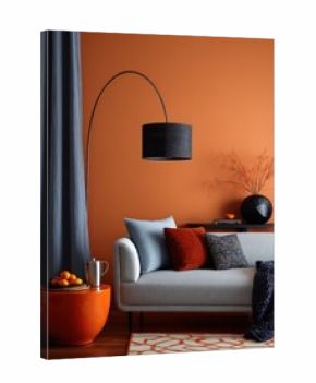 Modern living room with burnt orange wall, grey sofa and blue accents