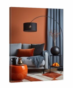 Modern living room with burnt orange wall, grey sofa and blue accents