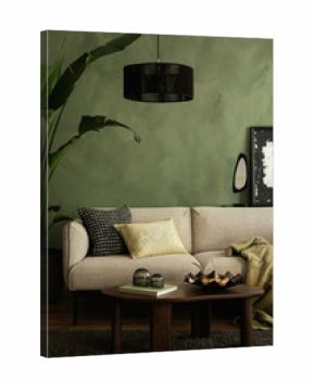 Modern living room with a beige sofa, green textured wall, black pendant lamp, and wooden coffee table with stylish decor.