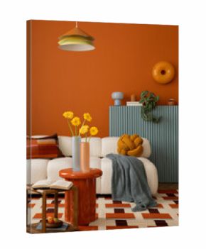 Cozy interior with a white sofa, orange wall, and soft pillows in earthy shades. Stylish decorations.