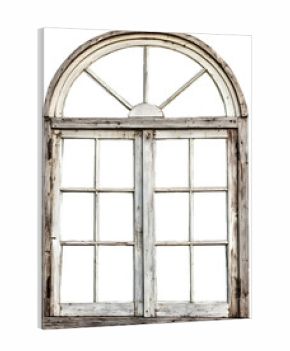 Old wooden arched window frame isolated on transparent background. Ideal for rustic interior mockups and architectural design elements.