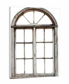 Old wooden arched window frame isolated on transparent background. Ideal for rustic interior mockups and architectural design elements.
