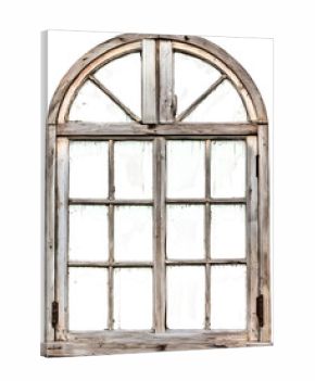 Old wooden arched window frame isolated on transparent background. Ideal for rustic interior mockups and architectural design elements.
