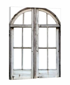 Old wooden arched window frame isolated on transparent background. Ideal for rustic interior mockups and architectural design elements.