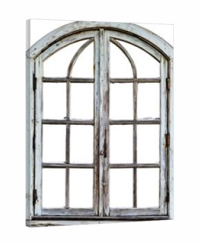 Old wooden arched window frame isolated on transparent background. Ideal for rustic interior mockups and architectural design elements.