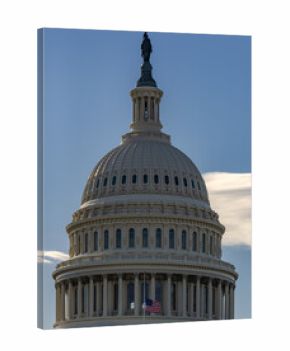 Washington Congress building. American flag over Congress. United States government Congress landmark. Senate and Congress in Washington DC.