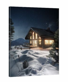 Aerial view of snow-covered houses at night, illuminated by warm lights, creating a cozy winter neighborhood scene.