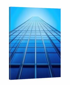 Deep perspective view of a blue glass skyscraper building with reflective facade set against a clear sky background