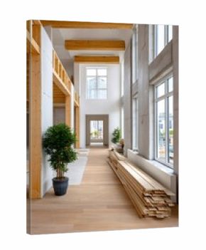 Unfinished modern building interior with wood and concrete