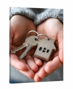Cupped hands holding a set of keys with a house-shaped keychain, symbolizing homeownership and new beginnings.