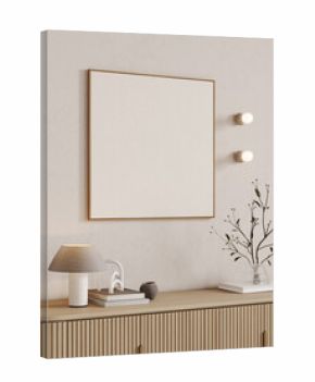 Mock up square frame in light beige home interior background, home with minimal decor, 3d render