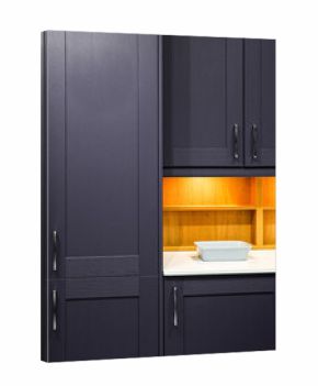 Contemporary home kitchen interior featuring dark purple wood cabinets, white countertop and warm illuminated open shelving