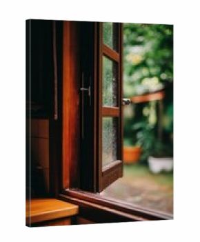 Wooden window frame with raindrops on glass, revealing a lush green garden outside