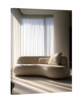 Cream curved sofa with two cushions in a sunlit minimalist living room with sheer white curtains. Concept Minimalist Living Room, Cream Curved Sofa, Sheer White Curtains, Sunlit Interior