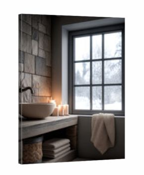 Cozy rustic bathroom with stone wall, vessel sink, wooden counter, candles, towel, and snowy window view, creating warm tranquil atmosphere