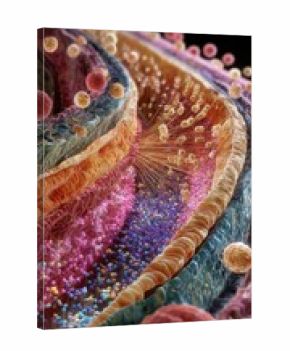 Crosssectional image of l cavity highlighting pollentriggered inflammation displaying multicolored histamine molecules spreading in mucosal layers.