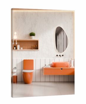 Stylish modern bathroom interior with orange terracotta fixtures and wooden accents against a cloud dancer textured wall- 3D rendering