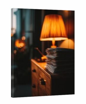A tall stack of papers on a wooden filing cabinet, lit by a warm orange lamp in a dim, cozy room. Concept Tall Stack of Papers, Wooden Filing Cabinet, Warm Orange Lighting, Dim Cozy Room