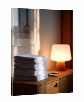 A tall stack of white papers on a wooden sideboard beside a warm glow from a small lamp. Concept Tall stack of white papers, Wooden sideboard, Warm lamp glow, Soft workspace lighting