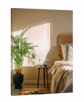 Cozy hotel bedroom with natural light and simple decor for relaxation