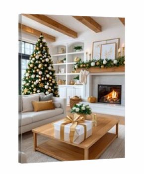 Cozy living room scene with a decorated Christmas tree, fireplace, and elegant holiday decor