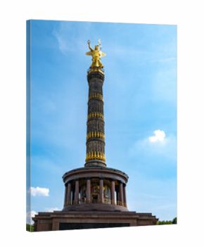 Victory Column in Berlin on blue sky. Historic monument under bright sky. Golden statue Victory Column above Berlin. Tourists visit iconic Victory Column. Architectural details in Berlin.