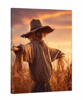 Scarecrow standing in cornfield at sunset protecting harvest. Scarecrow standing in a cornfield at sunset, a guardian for crops