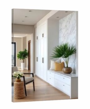 Modern living room with white cabinetry and marble accent wall