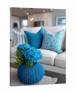 Blue hydrangeas in knit vase on coffee table