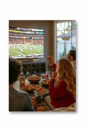 A group of close friends sitting on a comfortable living room sofa, cheering and watching a sports game on a large TV,