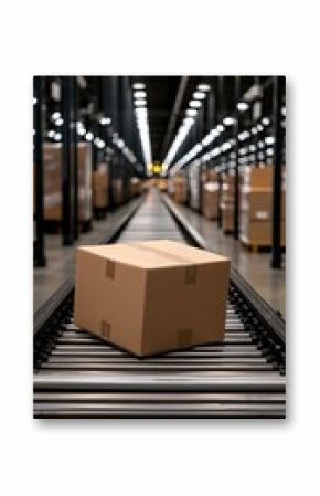 Cardboard box moves along a steel track in a contemporary warehouse, highlighting the fast delivery process for online shopping