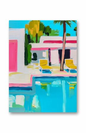 modern minimalist 1960s architectural contemporary painting of a Palm Springs home with umbrellas, chairs, pool, and palm trees using muted pastel colors. 