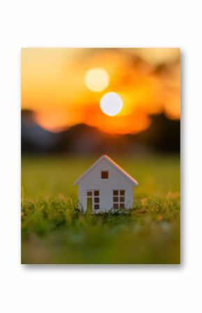 small home on grass, house and real estate ownership concept, mortgage and loan for housing