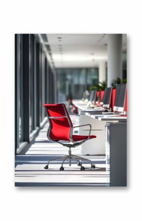 Modern Sunlit Office with Red Ergonomic Chairs and Desktop Computers : Generative AI
