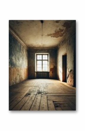 An empty apartment in need of renovation featuring a bare room with peeling paint cracked walls and an old wooden floor.